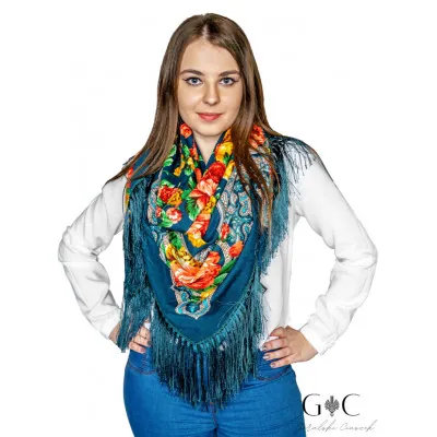 Chusta góralska wełniana - folkowy wzór kwiatowy 06 - widok 1