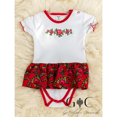 Haftowane body ze spódniczką - biało-czerwone - krótki rękaw
