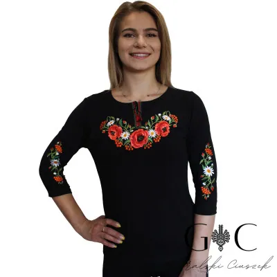 Czarna haftowana koszulka rękaw 3/4 - maki 02 - widok 1