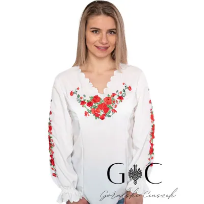 Koszula damska haftowana-Ecru 01 - widok 1