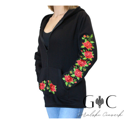Rozpinana bluza damska z kapturem - haftowane kwiaty 02