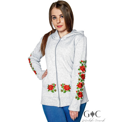 Rozpinana bluza damska z kapturem - haftowane kwiaty 01