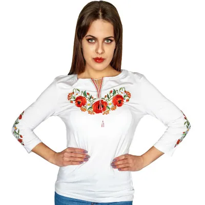 Biała haftowana koszulka rękaw 3/4 - maki 03 - widok 1