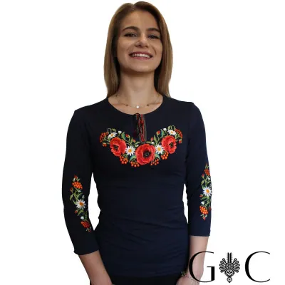 Granatowa haftowana koszulka rękaw 3/4 - maki 01 - widok 1