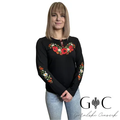 Koszulka haftowana długi rękaw czarna- 01 - widok 1