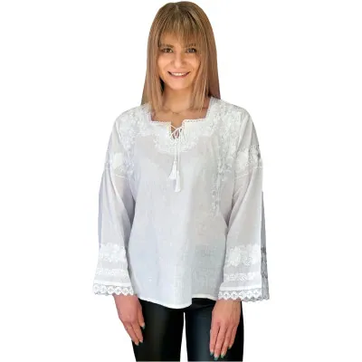 Koszula damska biała ludowa haftowana - bawełna - widok 1