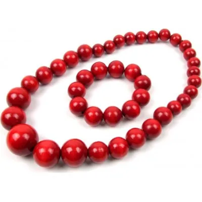 Korale + bransoletka góralskie drewniane czerwone - widok 1