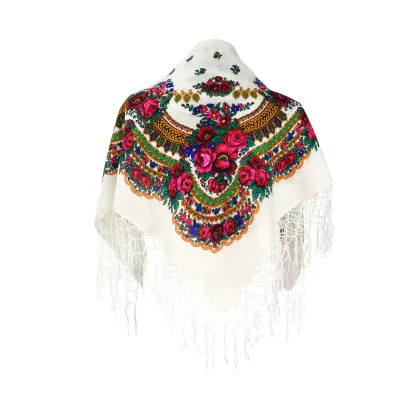 Biała chusta góralska ludowa folkowa bawełna w kwiaty