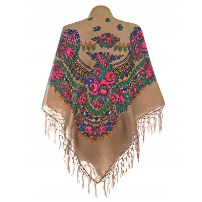 Jasnobrązowa chusta góralska ludowa folkowa bawełna w kwiaty