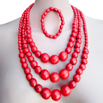 Komplet korale potrójne i bransoletka drewniane góralskie ludowe czerwone folkowe