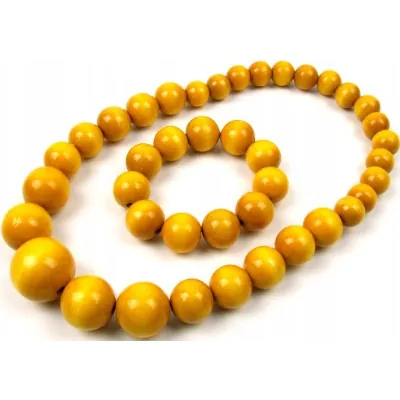 Komplet korale + bransoletka góralskie drewniane żółte ludowe