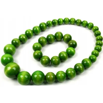 Komplet korale + bransoletka góralskie drewniane jasnozielone ludowe