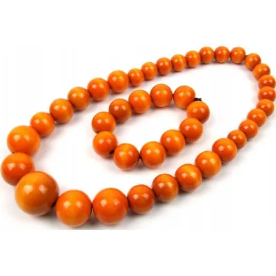 Komplet korale + bransoletka góralskie drewniane pomarańczowe ludowe