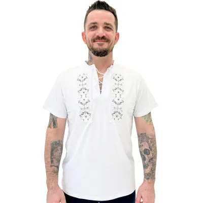 Koszulka biała góralska haftowana szarotki folkowa męska- 06