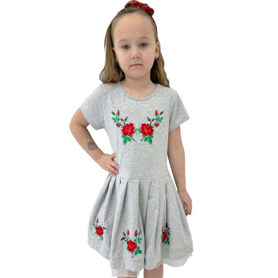 Sukienka góralska szara haftowana czerwone różyczki