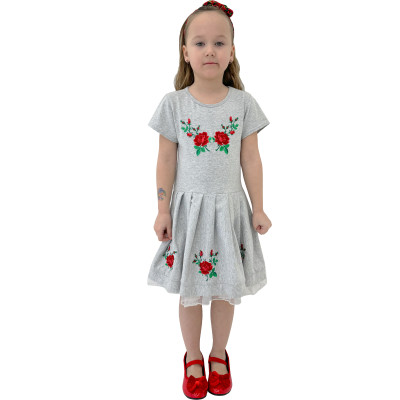 Sukienka góralska szara haftowana czerwone różyczki