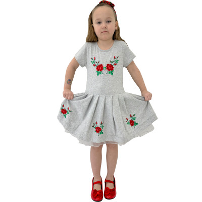 Sukienka góralska szara haftowana czerwone różyczki