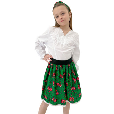 Spódniczka zielona w różyczki z białą koronką - 01