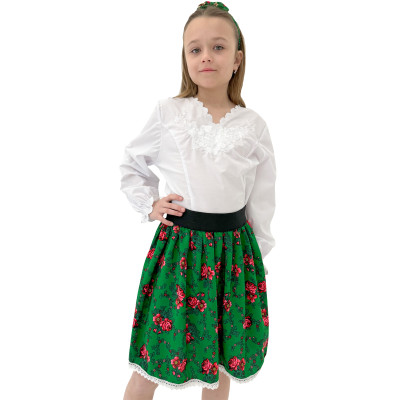 Spódniczka zielona w różyczki z białą koronką - 01