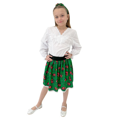 Spódniczka zielona w różyczki z białą koronką - 01