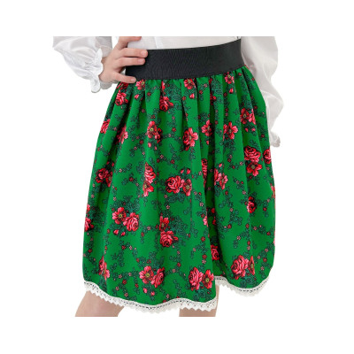 Spódniczka zielona w różyczki z białą koronką - 01