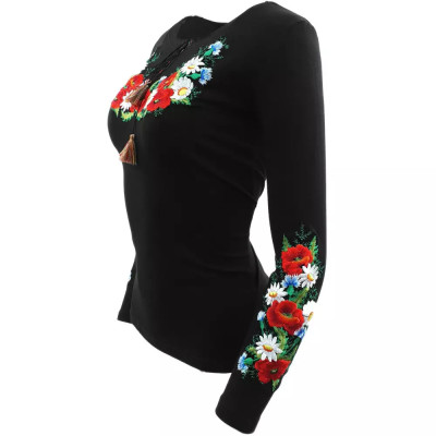 Koszulka haftowana długi rękaw czarna kwiaty polne- 01