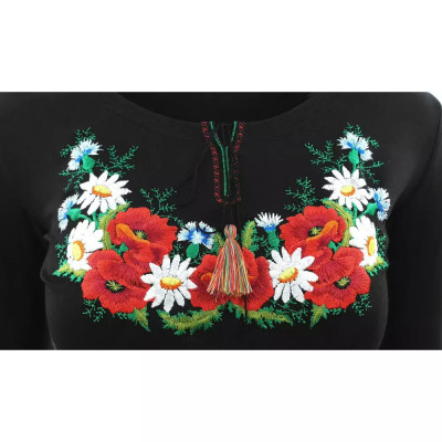 Koszulka haftowana długi rękaw czarna kwiaty polne- 01