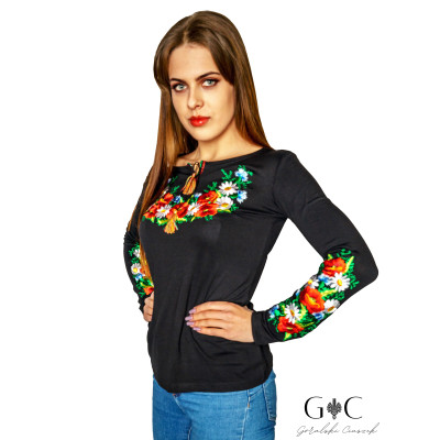 Koszulka haftowana długi rękaw czarna kwiaty polne- 01