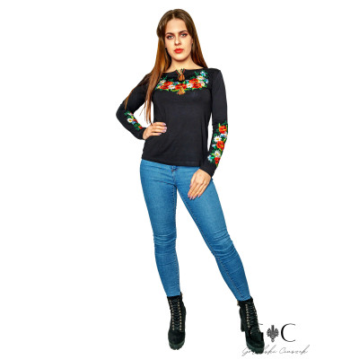 Koszulka haftowana długi rękaw czarna kwiaty polne- 01