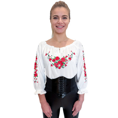 Koszula damska ecru z haftem i tasiemkami - 010