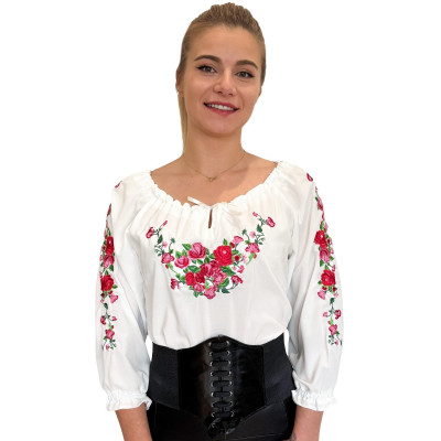 Koszula damska ecru haft różowo-czerwony tasiemki - 011