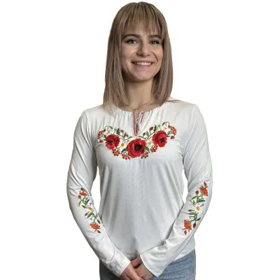 Koszulka haftowana długi rękaw biała- 02