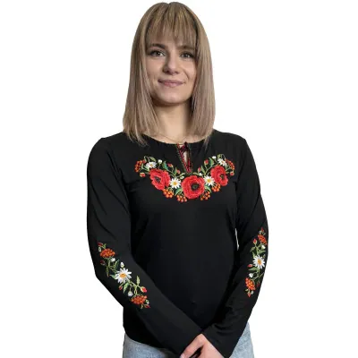 Koszulka haftowana długi rękaw czarna- 01