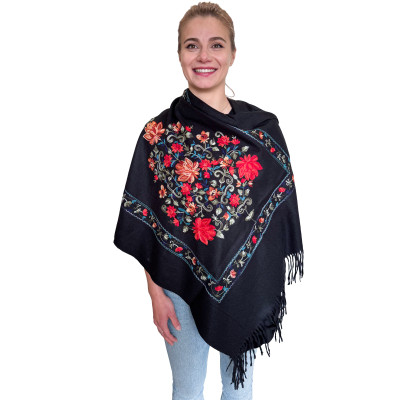 Czarny szal damski z kaszmirem haftowany- elegancki ciepły duży szal