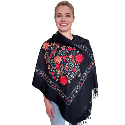 Czarny szal damski z kaszmirem haftowany- elegancki ciepły duży szal