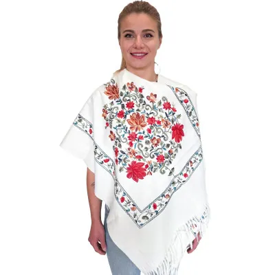 Biały szal damski z kaszmirem haftowany- elegancki ciepły duży szal
