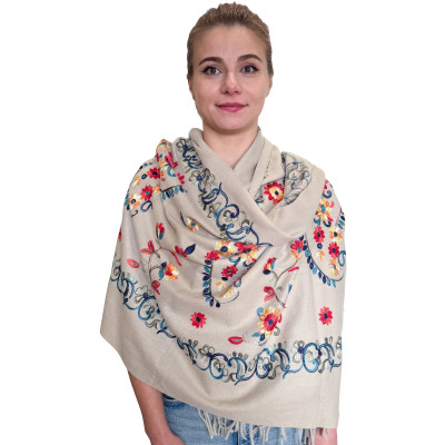 Beżowy szal damski z kaszmirem haftowany- elegancki ciepły duży szal