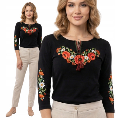 Czarna haftowana koszulka rękaw 3/4 - maki 02