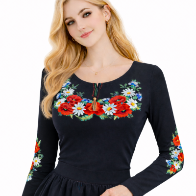 Koszulka haftowana długi rękaw czarna kwiaty polne- 01