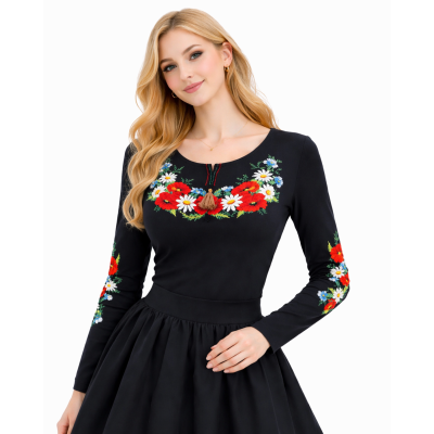 Koszulka haftowana długi rękaw czarna kwiaty polne- 01
